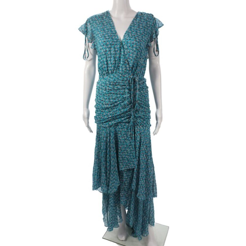 Veronica Beard Womens Wrap Dress Blue Silk Floral V Neck Mid Calf Size 2